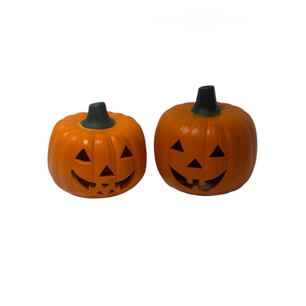 VTG Terracotta Hand Painted Jack O' Lantern Clay Pumpkin Halloween Luminary Duo